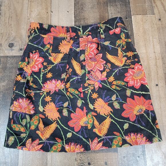 Farm Rio Anthropologie Quilted Mini Skirt Small‎ Black Pink Floral Birds Boho - Picture 5 of 11